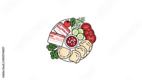 An illustration of a plate with dumplings, sliced bacon, tomatoes, cucumbers, herbs, and a red dipping sauce
