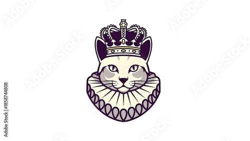 An illustration of a stylized cat's head wearing a regal crown and an elaborate Elizabethan ruff collar
