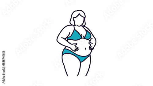 An illustration of an overweight woman in a turquoise bikini pinching her stomach, symbolizing body image