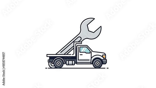An illustration of a white pickup truck with a large gray wrench on its flatbed, symbolizing repair service