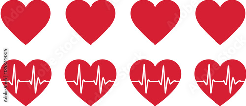 Red hearts with electrocardiogram lines on white background
