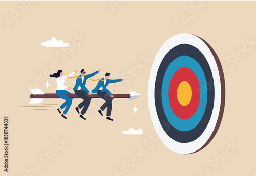 Teamwork aiming for target, business goal or achievement, focus on goal, objective or purpose, company direction or collaboration partner concept, business people team riding arrow to hit bullseye.