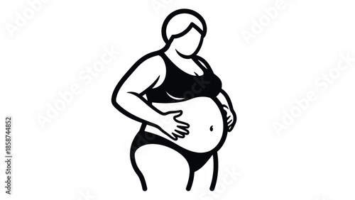 Black & white line art of a woman in underwear touching her belly, suggesting pregnancy or weight