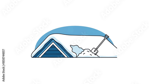 An illustration showing a house gable covered in heavy snow, with a shovel clearing a path in the foreground