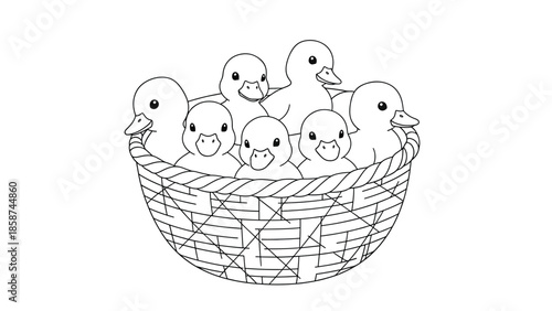 An outline drawing showing several cute ducklings with round eyes peeking out from a woven basket