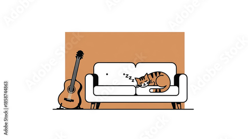 An orange tabby cat is sound asleep on a white sofa next to a brown acoustic guitar
