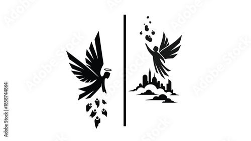 Black and white graphic of two winged figures, one dropping shapes, the other ascending over a city skyline