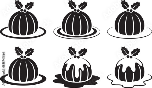 Set of christmas pudding dessert silhouettes with holly decorations and dripping sauce traditional holiday sweets icon vector graphic.