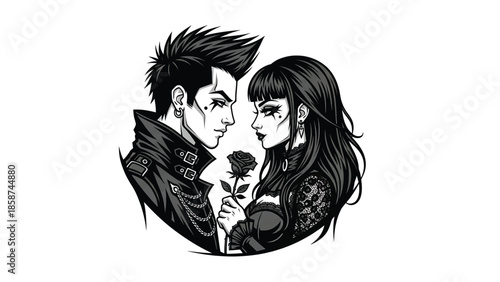 Black and white illustration of a gothic couple, male and female, looking at each other, holding a black rose