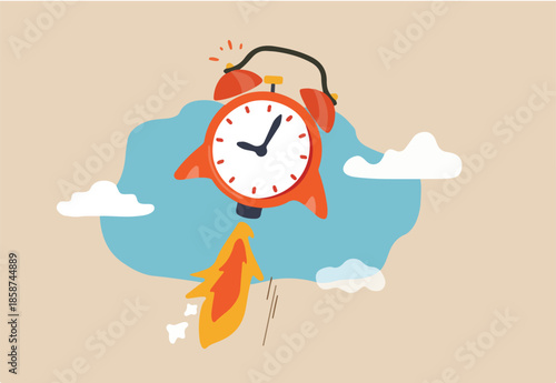 Time to start new business, entrepreneurship to launch project or time management concept, ringing alarm clock with rocket booster successfully launching high into the sky.