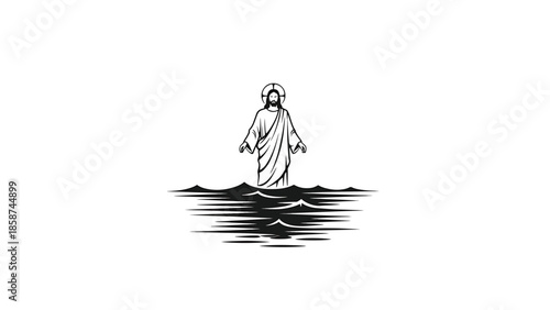 Black and white illustration of a robed figure with a halo, standing in water with stylized waves