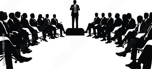 Business leadership presentation silhouette with executive speaker addressing corporate meeting audience, professional teamwork, strategy discussion, and management seminar concept