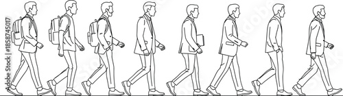 Business men walking in sequence line art illustration, professional office workers commute movement outline drawing for corporate concept