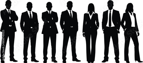 Business people silhouettes in formal corporate outfits standing in confident poses, men and women professionals isolated on white vector illustration set