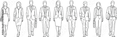 Business professionals walking forward in formal office suits, line art illustration of corporate people, leadership, teamwork and career concept