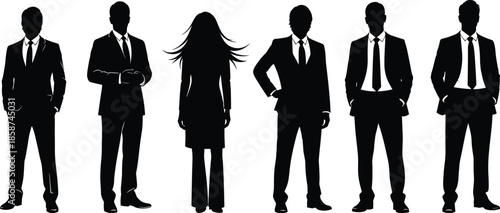 Business professionals silhouettes in formal suits standing in confident poses, men and woman corporate figures isolated on white vector illustration set