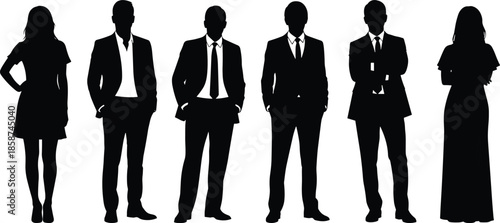 Business people silhouettes in formal suits standing together, professional men and women corporate team figures isolated on white background