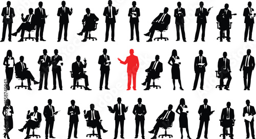 Business Silhouettes Grid with Red Leader – Professional Teamwork, Corporate Diversity, Leadership Concept, Black and White Illustration, Standout Figure