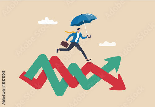 Survive and thrive in stock market volatility investment, risk management or overcome market fluctuation, uncertainty or financial challenge concept, businessman with umbrella run on volatile graph.