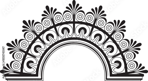 Ornate semicircular wrought iron gate or decorative arch element with elegant swirling scrollwork and floral motifs