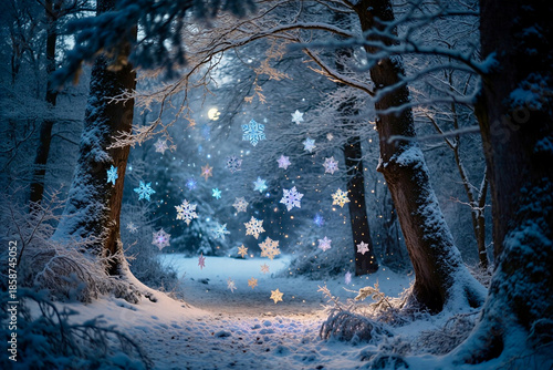 Forest in winter with colorful snowflakes 