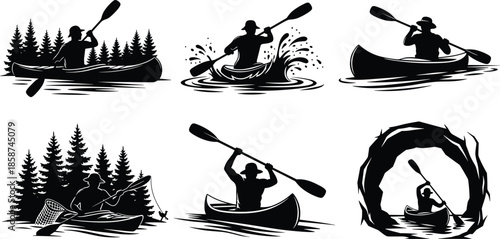 Canoeing silhouette collection showing kayaking adventure on lakes and rivers, outdoor water sports, paddling action, nature exploration, and recreation concepts
