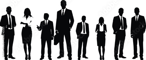 Business team silhouettes in formal suits standing together, corporate professionals and executives in leadership poses isolated on white background