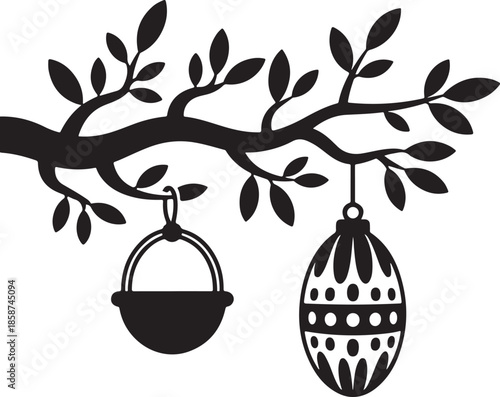 Tree branch silhouette with hanging bird nest and decorative egg for easter celebration and spring nature landscape decoration