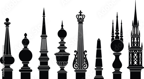 Decorative architectural spire and finial silhouettes set, classic ornamental towers and rooftop elements for vintage, heritage, and design projects