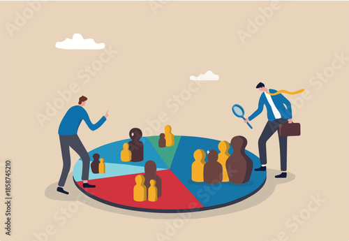 Customer segment analysis for marketing or advertising, target audience, consumer or user group, demographic data or profile to target concept, business team analyzing customer segment pie chart