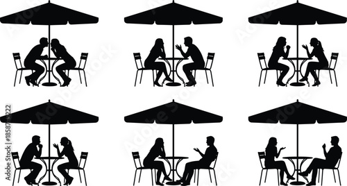 Couple silhouettes sitting at outdoor cafe tables under umbrellas in different conversation poses isolated on white background vector illustration