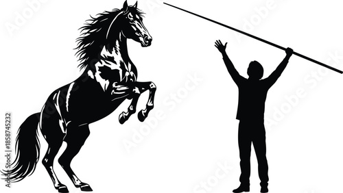 Dynamic silhouette of rearing horse and trainer practicing control with long pole in outdoor arena, symbolizing strength, trust, and motion