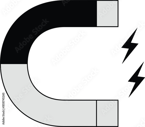 Electromagnetic Horseshoe Magnet with Lightning Bolts – Conceptual Physics Illustration of Magnetic Poles and Electric Energy Transfer