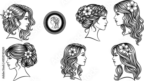 Elegant female profile portraits with floral hairstyles, vintage beauty illustration set, black and white line art collection
