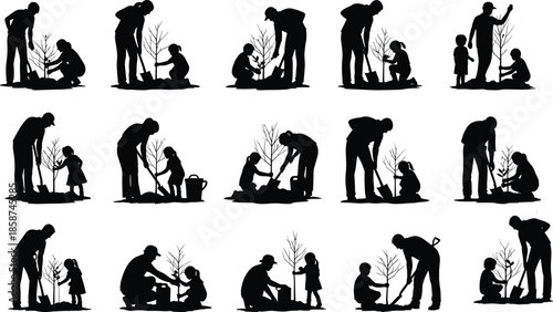 Family and children planting trees silhouette collection, parents teaching kids gardening and environmental care teamwork nature conservation concept illustration
