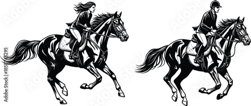 Equestrian riders galloping on horses male and female horseback riding illustration showing speed sport training and horsemanship movement