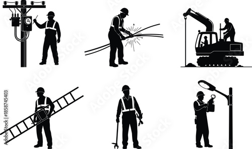 Industrial workers silhouette collection showing construction, electrical maintenance, welding, heavy machinery operation, safety gear, and professional labor occupations illustration set