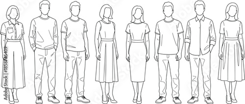 Line art illustration of men and women standing in casual modern clothing, outline people characters, fashion and lifestyle concept set