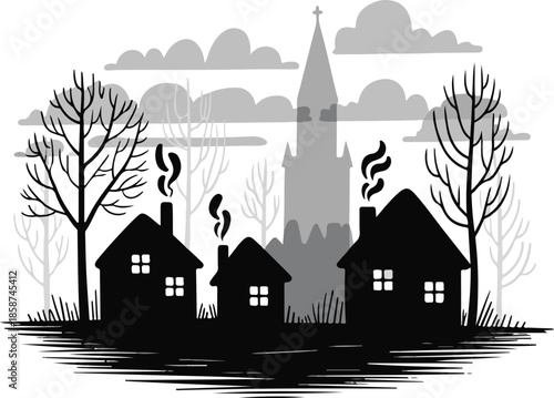 Cozy village silhouette with houses smoke from chimneys trees and castle in background winter scene