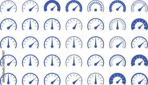 Collection of blue speedometers with varying needle positions