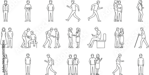 Line art illustration of people walking, talking, helping and interacting in daily life situations, community, communication and social behavior concept