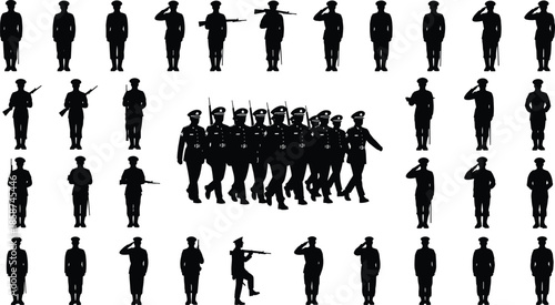 Military soldier silhouettes set showing marching, saluting, standing guard and armed poses isolated on white background vector illustration