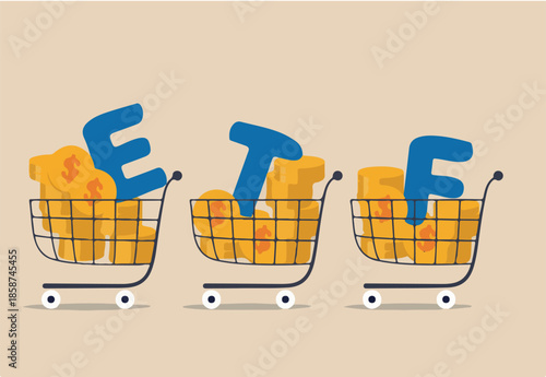 ETF, Exchange Traded Funds realtime mutual funds that tracking investment index trading in stock market concept, shopping carts or trolley full of Dollar money coins with alphabet combine the word ETF