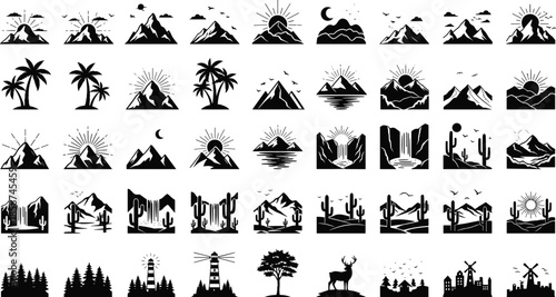Minimal black and white nature landscape icon set featuring mountains deserts forests waterfalls wildlife and scenic outdoor adventure symbols