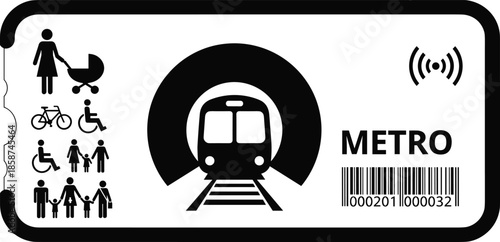 Modern Metro Ticket Design with Train, Barcode, and Accessibility Icons – Public Transportation Concept Featuring Contactless Technology