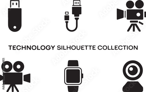 Technology silhouette collection modern electronic gadgets and devices icons set including usb flash drive camera smartwatch and cable equipment