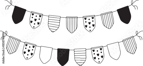 Bunting flags decorative pennants garlands two rows black and white outlined birthday party decoration celebration vector element set collection