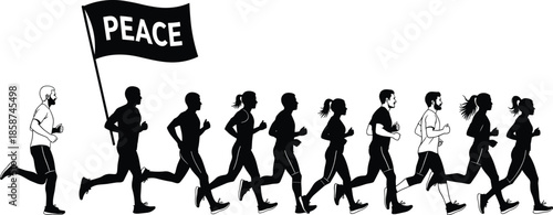 People running together holding peace flag silhouette illustration symbolizing unity, freedom, harmony, social movement, and hope for a peaceful world concept