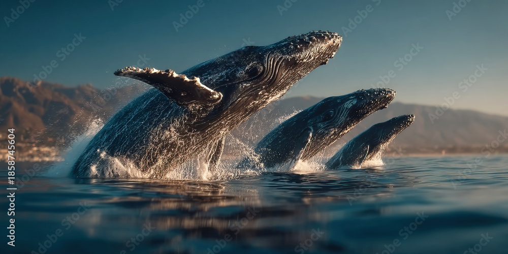 Fototapeta premium Whales jump out of the ocean in stunning display near coastal landscape at sunset