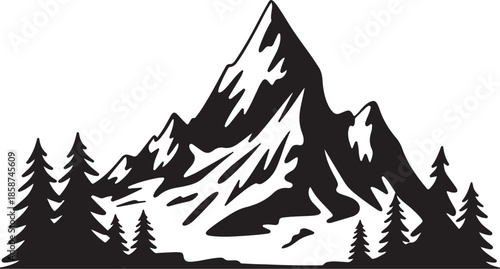 Rugged mountain range with pine trees silhouette vector graphic for outdoor adventure nature landscape scene